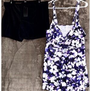 Aqua Eve Tankini Set Swimsuit Women 22W Purple Black Floral Stretch Summer Beach